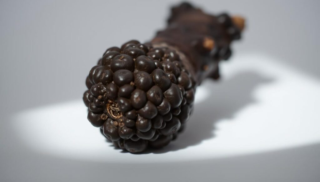 A close-up photograph of a black ginger rhizome, its knobby skin glistening under soft, directional lighting. The rhizome is positioned in the center of the frame, with a neutral-colored background that allows the intricate texture and dark hue to stand out. The image is shot from a slight low angle, creating a sense of prominence and emphasis on the botanical subject. The lighting accentuates the ridges and contours of the ginger, casting subtle shadows that enhance the three-dimensional quality. The overall mood is one of natural elegance and scientific curiosity, inviting the viewer to examine the medicinal properties of this rare and intriguing plant.