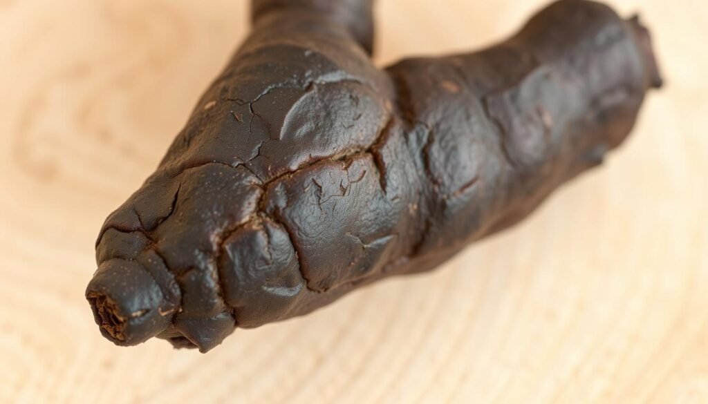 A close-up shot of a fresh, vibrant black ginger root against a soft, natural background. The root is positioned diagonally, showcasing its distinct rhizome shape and dark, almost black-colored skin. The lighting is warm and diffused, highlighting the intricate texture and grooves of the root's surface. The image conveys a sense of earthy, organic goodness, emphasizing the root's potential benefits for healthy, youthful skin. The composition is balanced, with the black ginger root taking up the majority of the frame, allowing its natural beauty to shine.