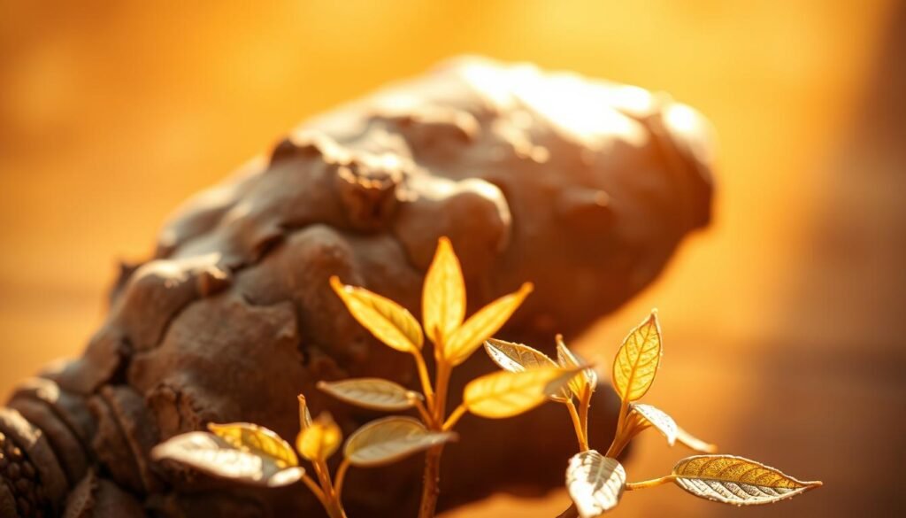 A close-up view of a vibrant, black-hued ginger root surrounded by a glowing, shimmering aura. The root is set against a warm, soft-focused background with hints of rich, earthy tones. The lighting casts a gentle, natural spotlight, highlighting the intricate texture and deep color of the ginger. In the foreground, delicate, translucent leaves and stems emerge, symbolizing the immune-boosting properties of this powerful root. The overall composition conveys a sense of organic, medicinal power and vitality, inviting the viewer to explore the hidden benefits of black ginger.