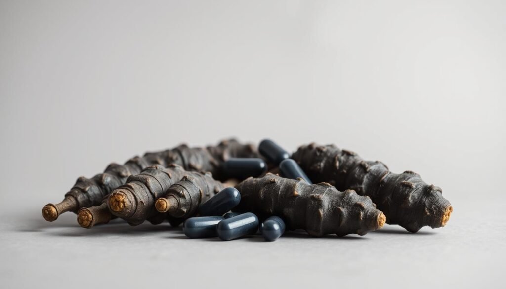 A high-quality macro photograph of black ginger roots and supplements against a neutral backdrop. The roots are fresh, unblemished, and arranged neatly in the foreground, showcasing their distinctive dark coloration and knobby texture. In the middle ground, several black ginger capsules and tablets are displayed, their glossy surface reflecting the studio lighting. The background is a clean, grey seamless paper, providing a simple, uncluttered setting to highlight the main subject. The lighting is soft and even, accentuating the organic shapes and natural tones of the black ginger. The depth of field is shallow, bringing the foreground into sharp focus while gently blurring the background. The overall composition is balanced and minimalist, emphasizing the health benefits and natural essence of this powerful root supplement.