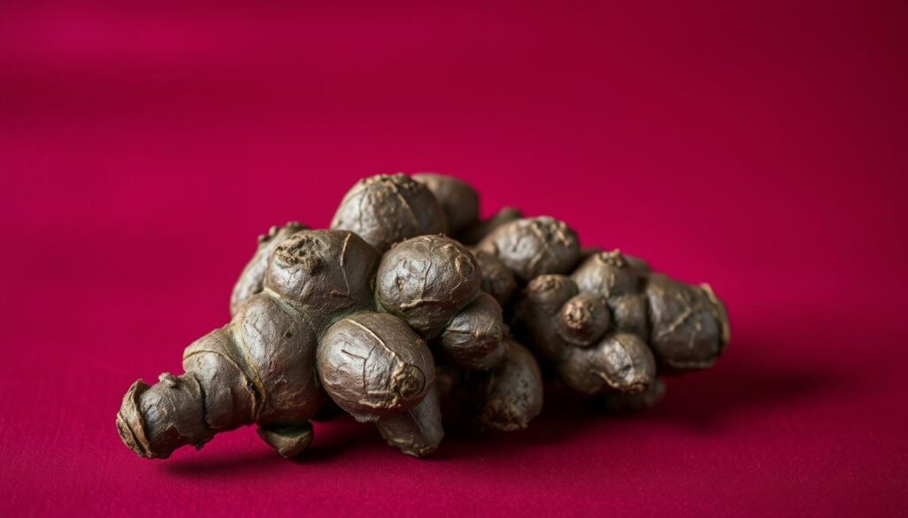 A vibrant, high-contrast close-up photograph of a fresh, gnarled black ginger rhizome resting on a smooth, deep burgundy surface. The lighting is warm and soft, accentuating the intricate textures and dark hues of the ginger. The composition places the rhizome in the center, filling the frame and commanding attention. The background is slightly blurred, creating a sense of depth and focus on the subject. The overall mood is one of natural sensuality and inviting intimacy, reflecting the sexual health benefits of this potent botanical.
