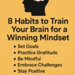 Habits to train your brain for a winning mindset, featuring a glowing brain surrounded by icons of focus, growth, and clarity.