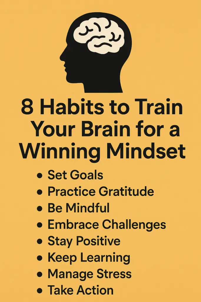 Habits to train your brain for a winning mindset, featuring a glowing brain surrounded by icons of focus, growth, and clarity.